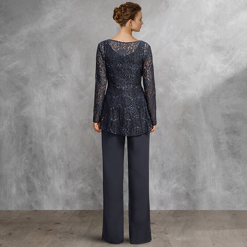 Two Piece Pantsuit Mother of the Bride  Formal Wedding Guest Church Elegant Scoop Neck Floor Length Chiffon Lace Long Sleeve with Sequin2