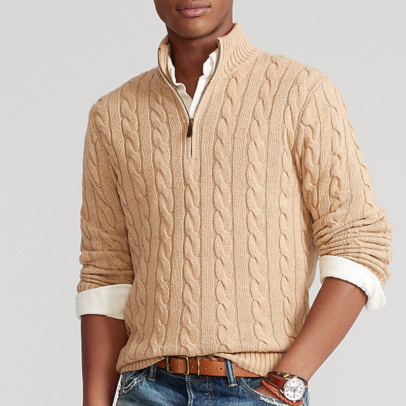 Men's Sweater Zip Sweater Quarter Zip Pullover Sweater Pullover Ribbed Cable Knit Cropped Knitted Plain Half Zip Fashion Streetwear Outdoor Daily Wear Clothing Apparel Fall & Winter Black Blue S M L4