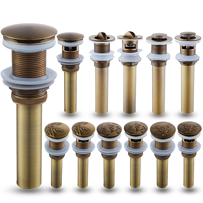 Engraved Antique Brass Pop Up Bathroom Sink Drain Strainer Stopper no Overflow Hole Kitchen Basin Sink Bottle Trap Drainer2