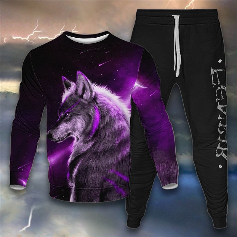 Mens Graphic Hoodie Tracksuit Sweatsuit Hoodies Set Yellow Blue Purple Light Gray Crew Neck Animal Wolf 2 Piece Print Sports & Outdoor Casual 3D4