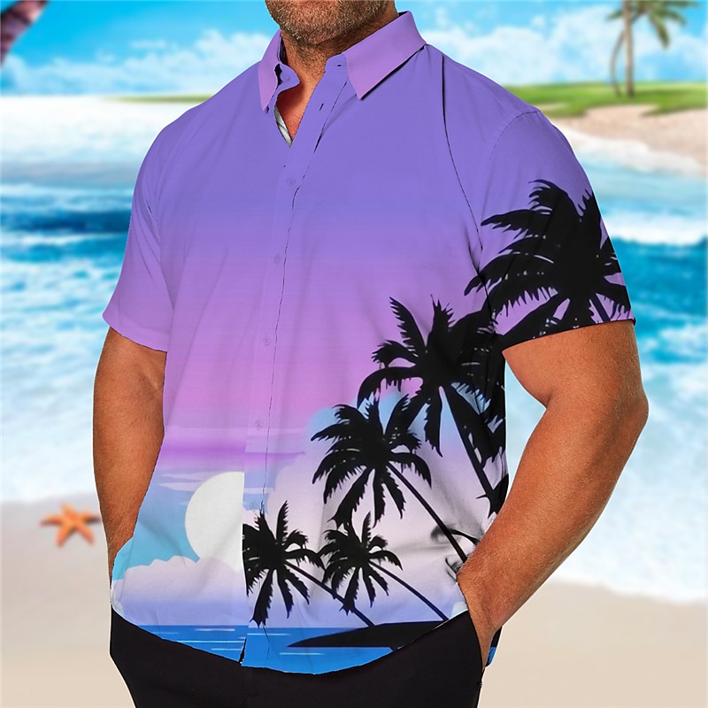 Men's Coconut Tree Tropical Plants Summer Hawaiian Shirt Aloha Shirt Short Sleeve Shirt Turndown Tropical Fashion Hawaiian Outdoor Vacation Street Dark purple Pink Light Purple S M L