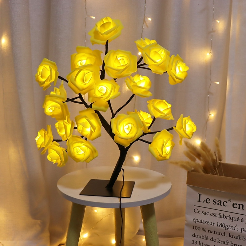 LED Rose Flower Table Lamp Valentine Tree Fairy Lights 24LED Rose Flower Tree Lights Valentine's Day USB Table Lamp Fairy Maple Leaf Night Light Home Party Christmas Wedding Bedroom Decoration Gift2
