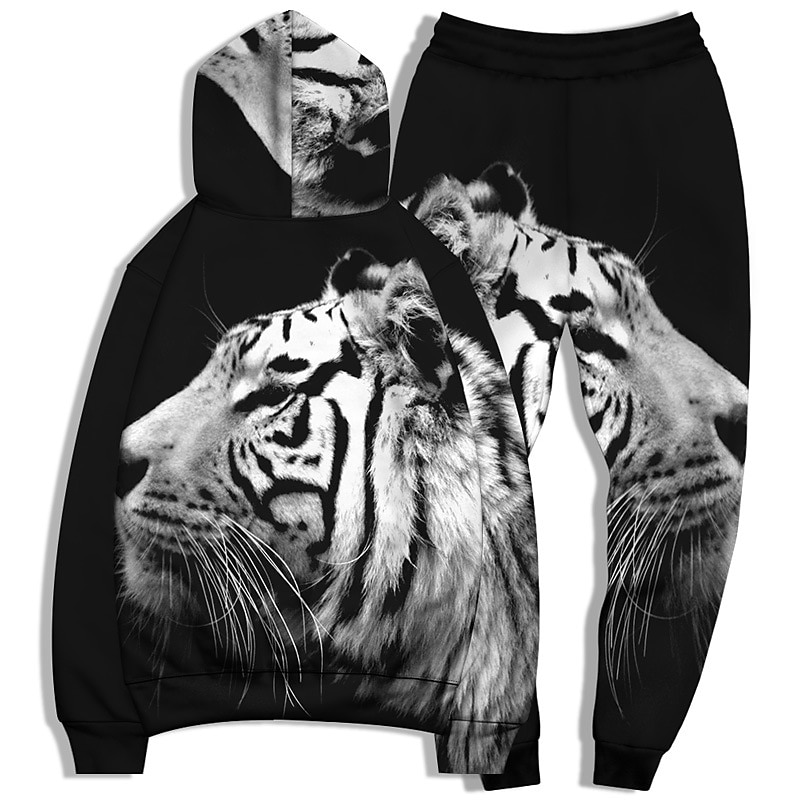 Men's Tracksuit Hoodies Set Black And White Black White+Black Yellow Light Grey Hooded Graphic Tiger 2 Piece Print Sports & Outdoor Casual Sports 3D Print Basic Streetwear Casual Fall Spring Clothing4