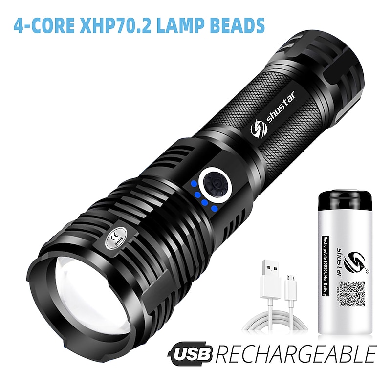 USB Rechargeable LED Flashlight, Tactical Torch Zoomable Waterproof 5 Lighting Modes Quad-core with XHP70.2 Lamp Bead for Camping Hiking