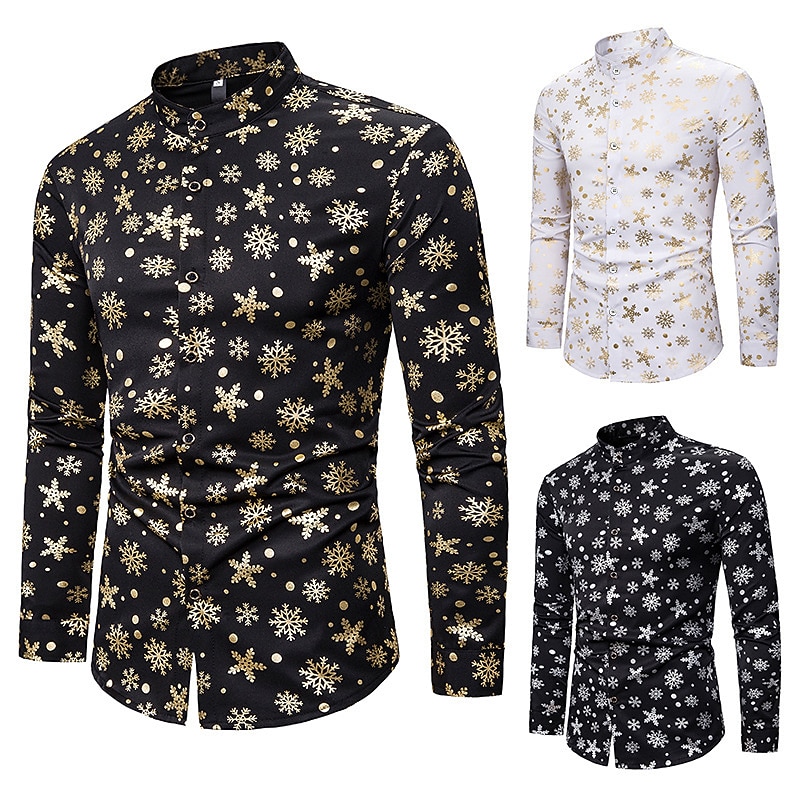 Christmas Men's Christmas Scene Printed Shirts Snowflake Collar Silver White Blue Gold Outdoor Street Long Sleeve Print Button-Down Clothing Apparel Cotton Fashion Casual Breathable Comfortable