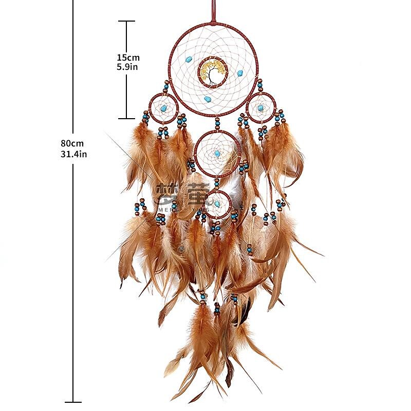Dream Catcher Handmade Gift Feather Hook Flower Wind Chime with Five Circles Ornament Wall Hanging Decor Art Boho Style 15x80cm/6''x31.5''2