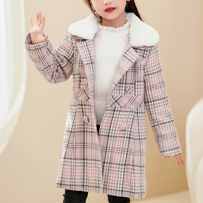 Kids Girls' Children's Day Woolen Coat Short Sleeve Pink Plaid Fur Trim Winter Cute Outdoor 7-13 Years4