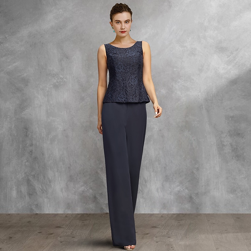 Two Piece Pantsuit Mother of the Bride  Formal Wedding Guest Church Elegant Scoop Neck Floor Length Chiffon Lace Long Sleeve with Sequin3