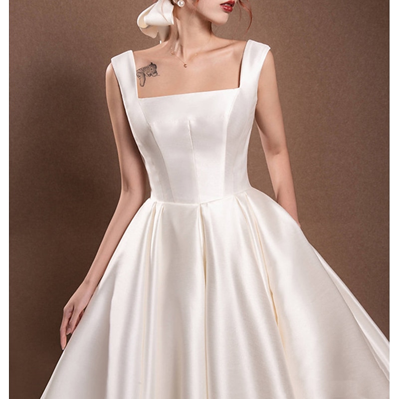 Reception Simple Wedding Dresses Wedding Dresses A-Line Off Shoulder Cap Sleeve Tea Length Satin Bridal Gowns With Pleats Ruched  dress to impress Fall Wedding2