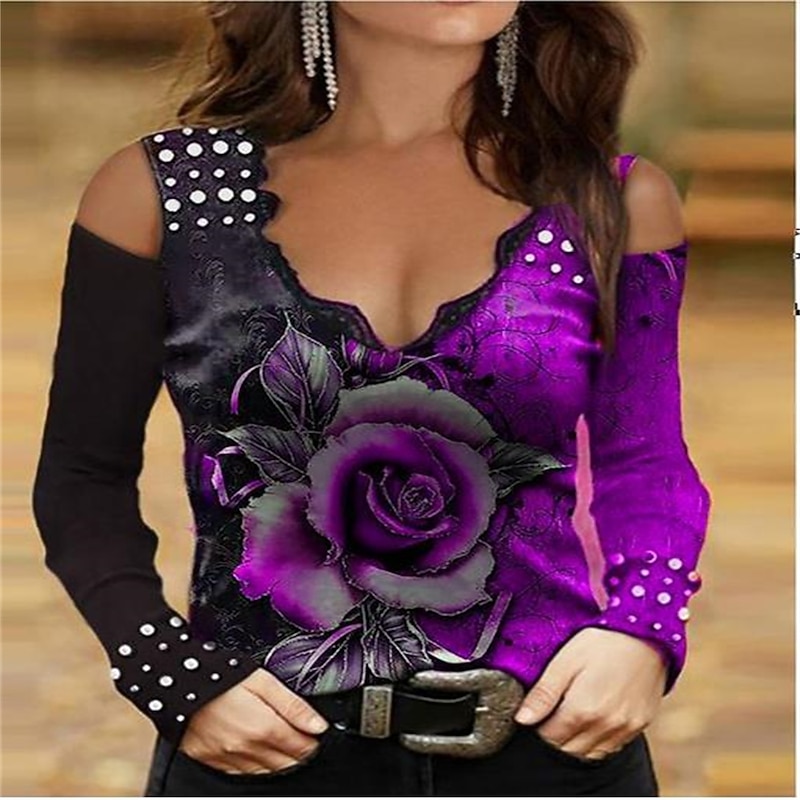 Women's T Shirt Rose Sexy Casual Long Sleeve Deep U Causal Daily Hollow Out Hole Colorful-Butterflies Purple-rose Rose Red-Butterfly Red-rose Lake Blue-Roses Spring Fall3