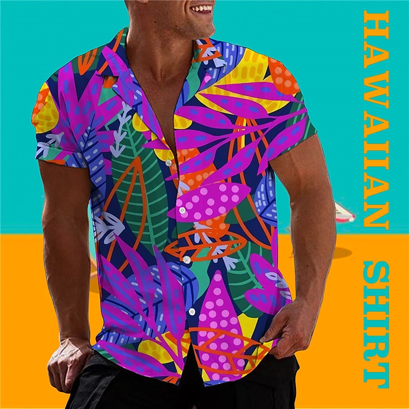 Men's Floral Leaves Shirt Button Up Shirt Short Sleeve Tropical Fashion Hawaiian Casual Holiday Beach Summer Spring Turndown Print Button-Down Blue Purple2
