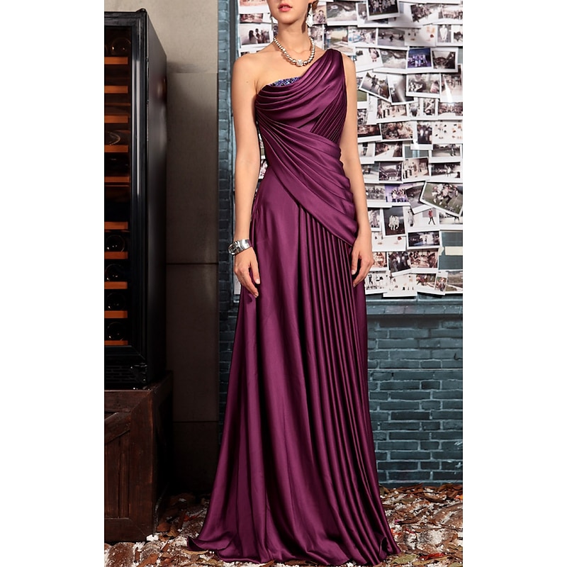 Sheath Evening Gown Elegant Dress Formal Evening Floor Length Sleeveless One Shoulder Fall Wedding Guest Satin Backless with Pleats Crystals Draping