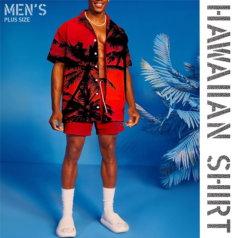 Men's Coconut Tree Graphic Prints Shirts Sets Shirt Set Summer Hawaiian Shirt Short Sleeves Turndown Tropical Hawaiian Casual Vacation Sports & Outdoor Street Elastic Waist Buttons Print Spring3