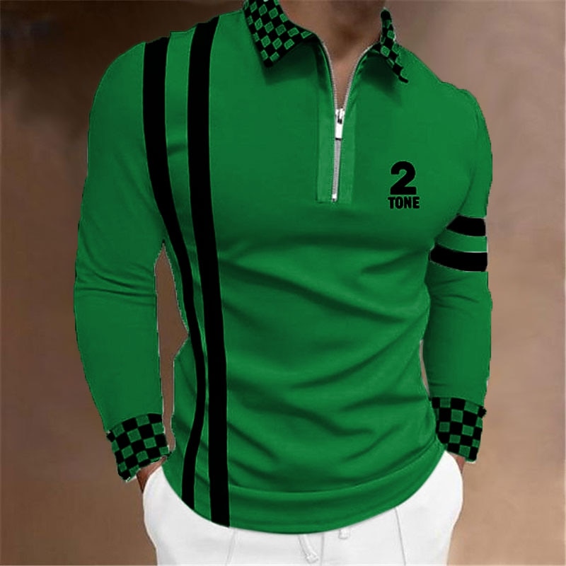 Men's Plaid Zip Polo Shirts Golf Shirt Long Sleeve Polo Shirts Collared Shirts Casual Vacation Wear Formal Wear Festival Wear 3D Print Quarter Zip Polo Black White Yellow2