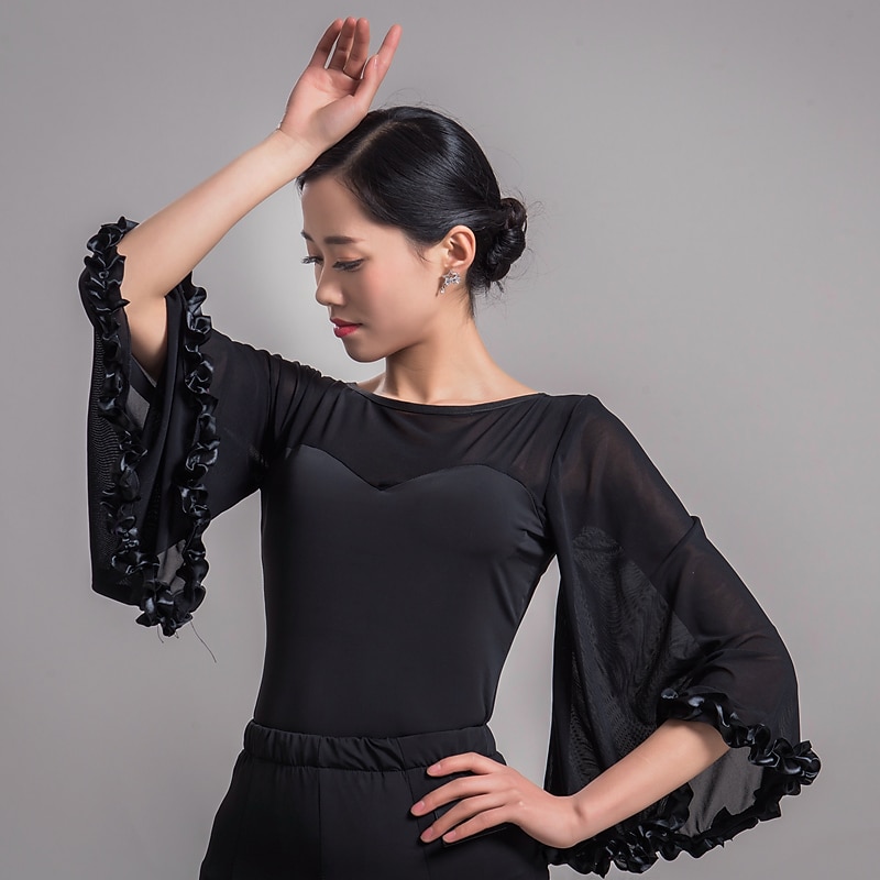 Latin Dance Ballroom Dance Top Pure Color Splicing Women's Performance Training 3/4 Length Sleeve Mesh Ice Silk4