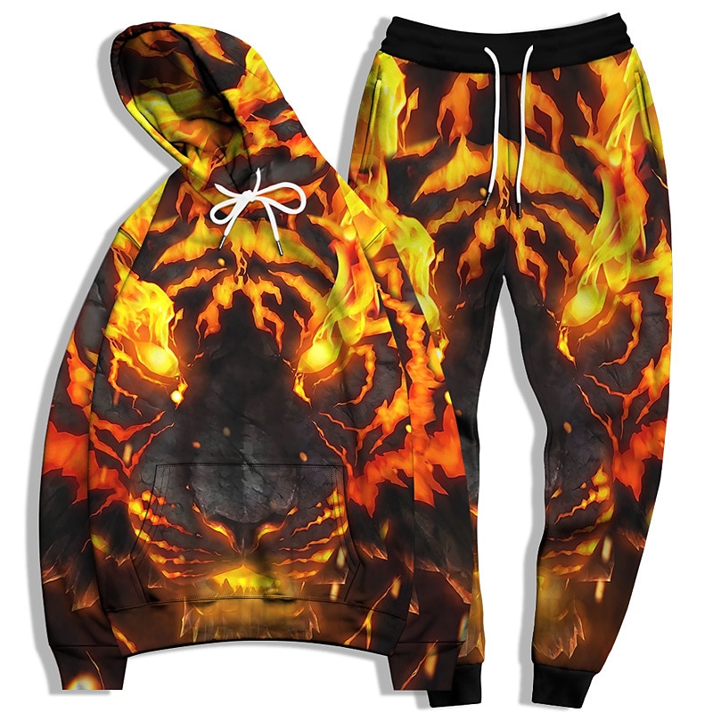 Men's Tracksuit Hoodies Set Black And White Black White+Black Yellow Light Grey Hooded Graphic Tiger 2 Piece Print Sports & Outdoor Casual Sports 3D Print Basic Streetwear Casual Fall Spring Clothing