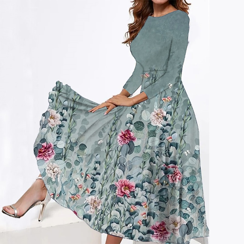 Women's Midi Dress Tiered Dress Elegant Vintage Date Regular Fit Flower Long Sleeve Crew Neck Blue Green Grey Summer Spring Fall Autumn2