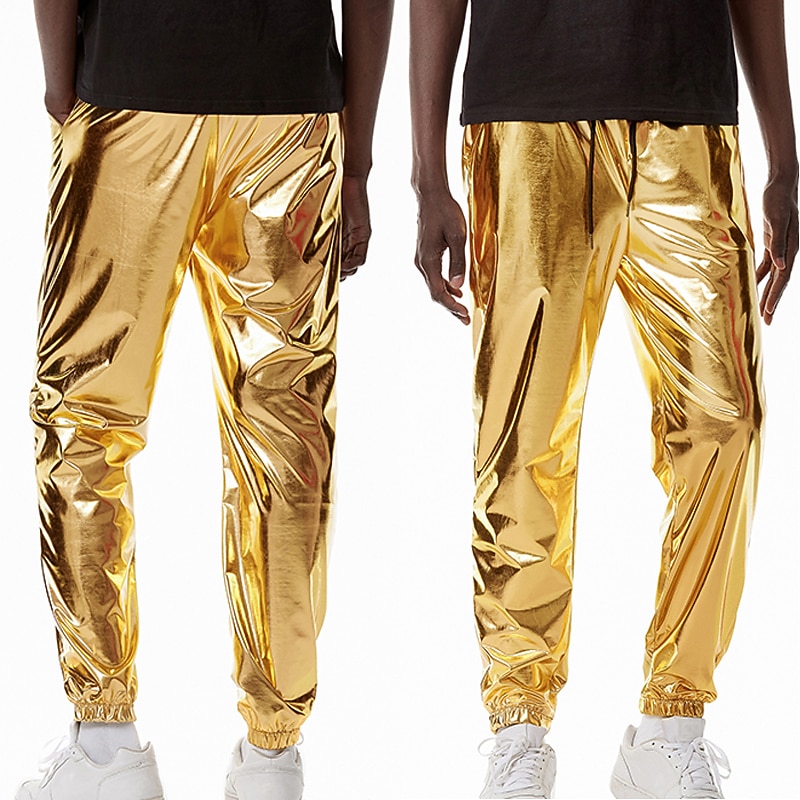 Men's Joggers Trousers Casual Pants Sequin Pants Drawstring Elastic Waist Shiny Metallic Solid Color Full Length Club Nightclub Disco Lights Casual Trousers Loose Fit Silver Black Micro-elastic