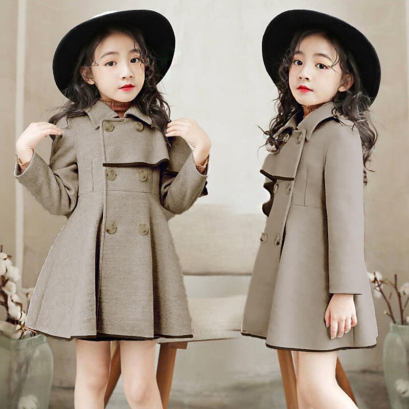 Kids Girls' Coat Long Sleeve Pink Red White Plain Pleated Fall Winter Active Street 3-12 Years / Basic / Cotton