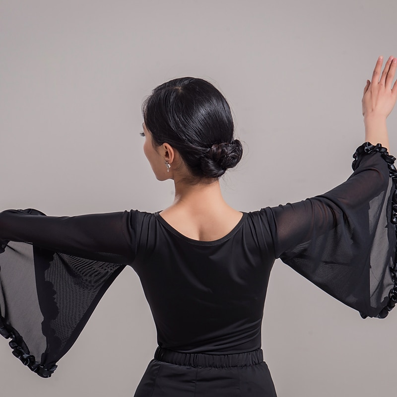 Latin Dance Ballroom Dance Top Pure Color Splicing Women's Performance Training 3/4 Length Sleeve Mesh Ice Silk3