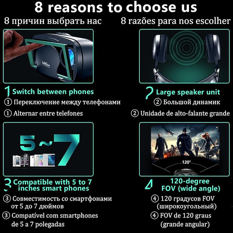 3D VR Glasses Virtual Reality 3D VR Headset Smart Glasses Helmet for Smartphones Cell Phone Mobile 7 Inches Lenses Binoculars with Controllers3