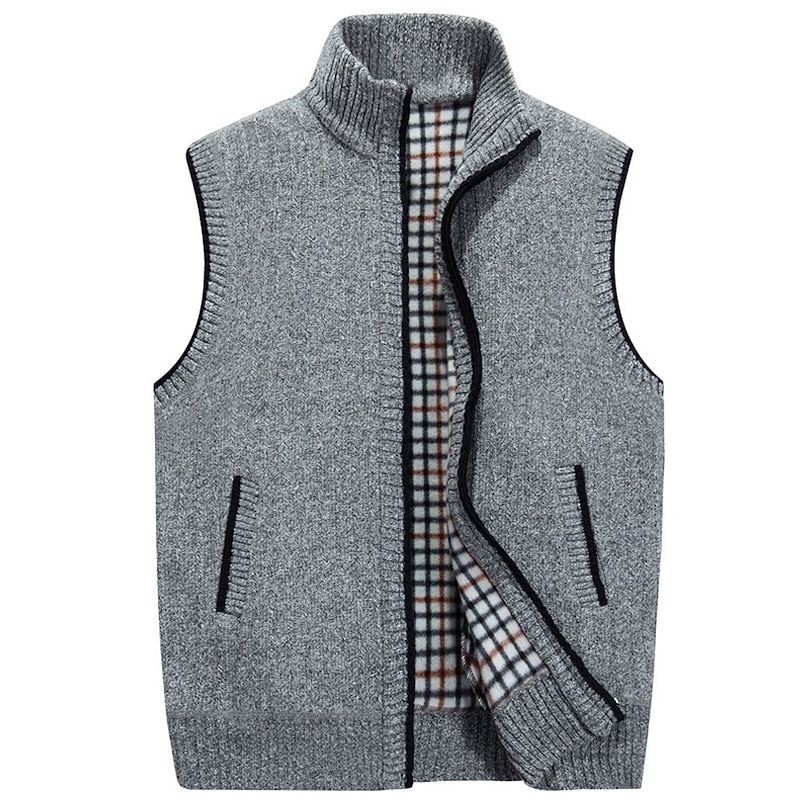 Men's Sweater Vest Cardigan Zip Sweater Sweater Jacket Fleece Sweater Knit Knitted Solid Color Stand Collar Modern Contemporary Outdoor Casual Clothing Apparel Winter Black Wine S M L2