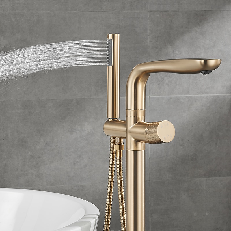 Bathtub Faucet Floor Mount Freestanding Tub Filler Brass High Flow Shower Faucets with Handheld Shower Mixer Taps Swivel Spout(Gun Grey/Brushed Golden)4