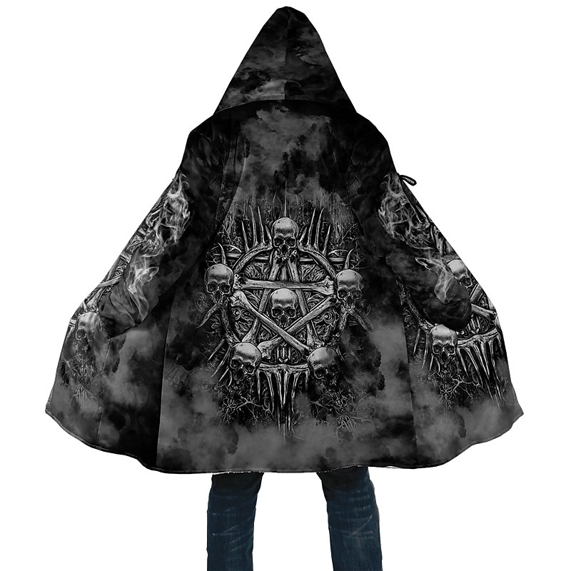 Men's Winter Coat Fleece Jacket Coat Sports & Outdoor Daily Wear Warm Breathable Zipper Pocket Fall & Winter Skull Graphic Prints Fashion Streetwear Hoodie Long Regular Fit Black Jacket2