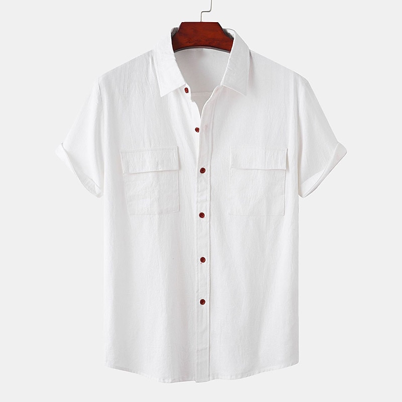 Men's Linen Shirt Summer Shirt Beach Wear Button Up Shirt Plain Vacation Casual Light Pink White Light Green Red Short Sleeve Turndown Summer Clothing Apparel