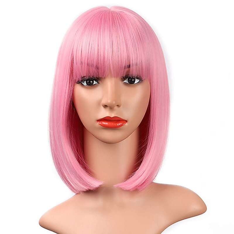 Pink Bob Wigs with Bangs 12 Inch Short Straight Bob Wigs Colorful Synthetic Cosplay Daily Party Wig for Women2