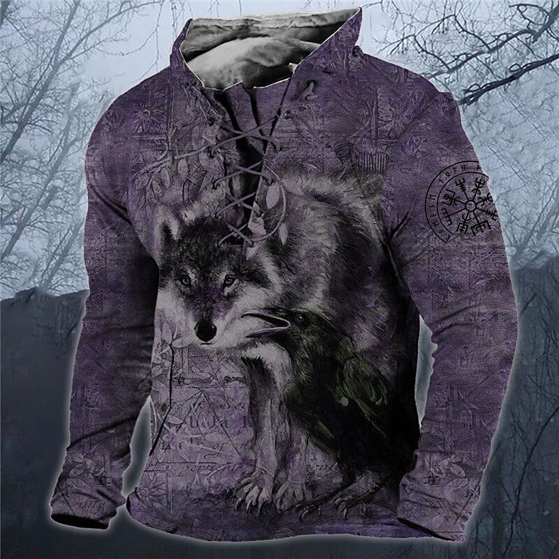 Men's Wolf Graphic Prints Sweatshirt Pullover Long Sleeve Sweatshirt Standing Collar Streetwear Designer Basic 3D Print Sports & Outdoor Casual Daily Lace up Spring &  Fall4