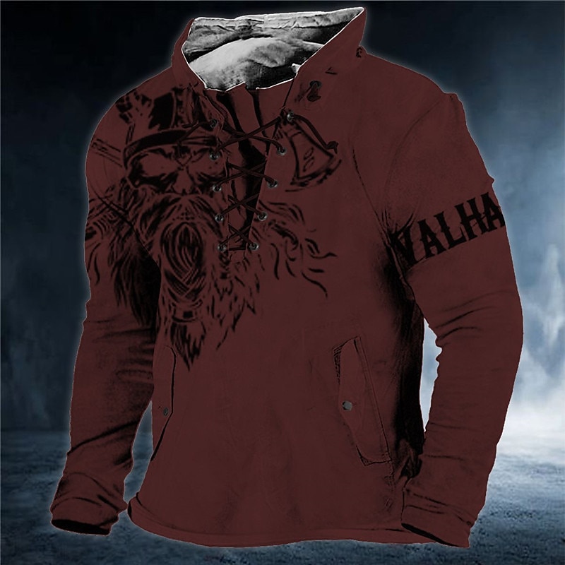 Men's Cartoon Viking Warrior Graphic Prints Sweatshirt Pullover Long Sleeve Sweatshirt Standing Collar Streetwear Designer Basic 3D Print Sports & Outdoor Casual Daily Lace up Spring &  Fall4