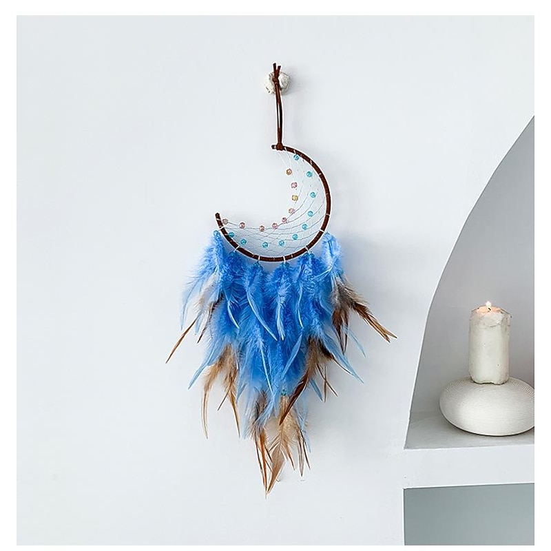 Moon Dream Catcher Handmade Gift Feather Hook Flower Wind Chime Ornament Wall Hanging Decor Art Boho Style 16x55cm/6.3''x22''