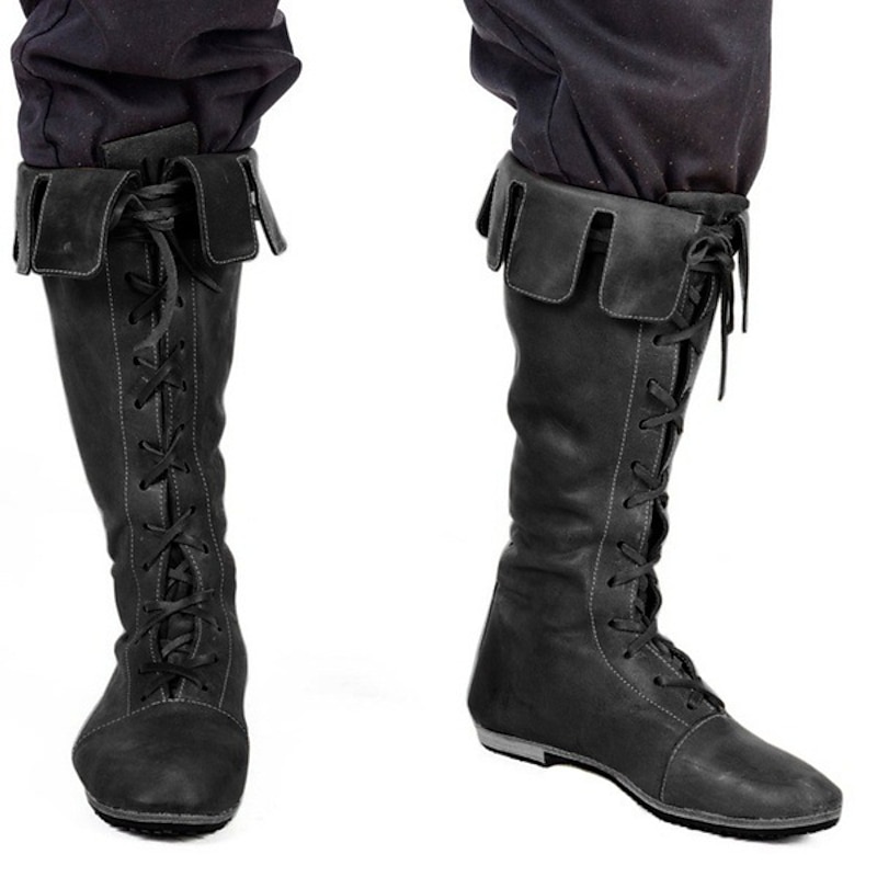 Men's Black Lace-Up Medieval Style Boots, Perfect for Cosplay, Renaissance Fairs, and Historical Reenactments2