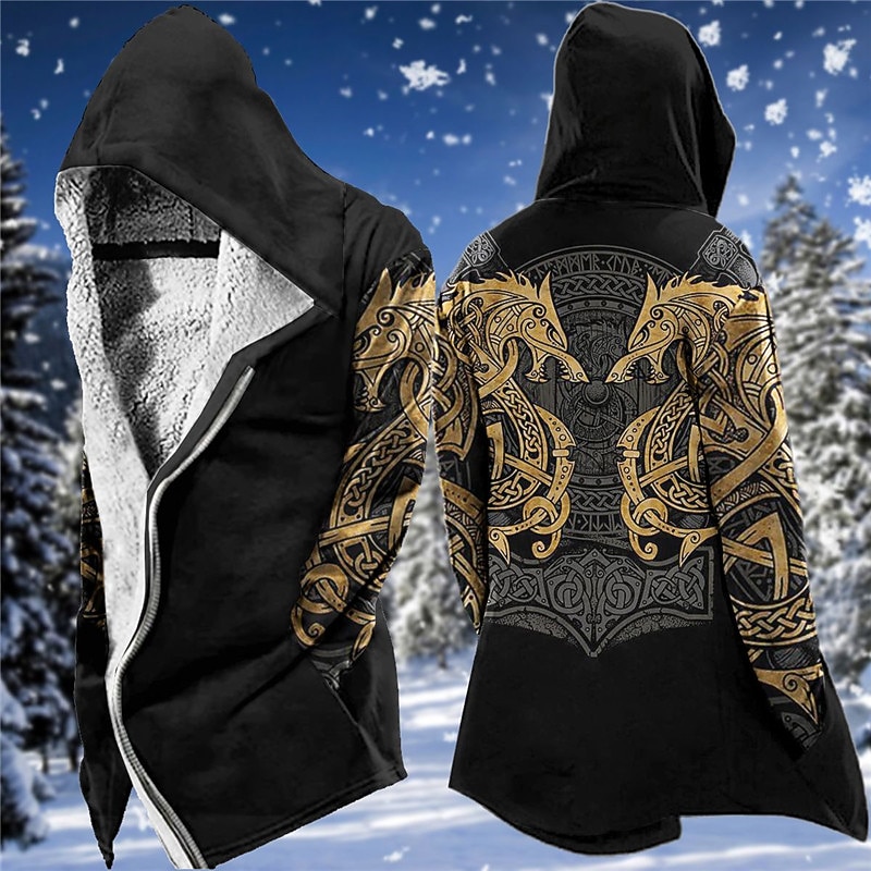 Men's Winter Coat Fleece Jacket Coat Sports & Outdoor Daily Wear Warm Breathable Zipper Pocket Fall & Winter Graphic Prints Totem Fashion Streetwear Hoodie Long Regular Fit Black Blue Purple Green2
