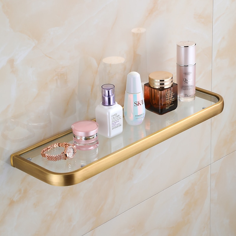 Bathroom Wall Mounted Single Layer Rectangle Glass Shelf Antique Brass Finish Bathroom Storage Bathroom Accessories Holder