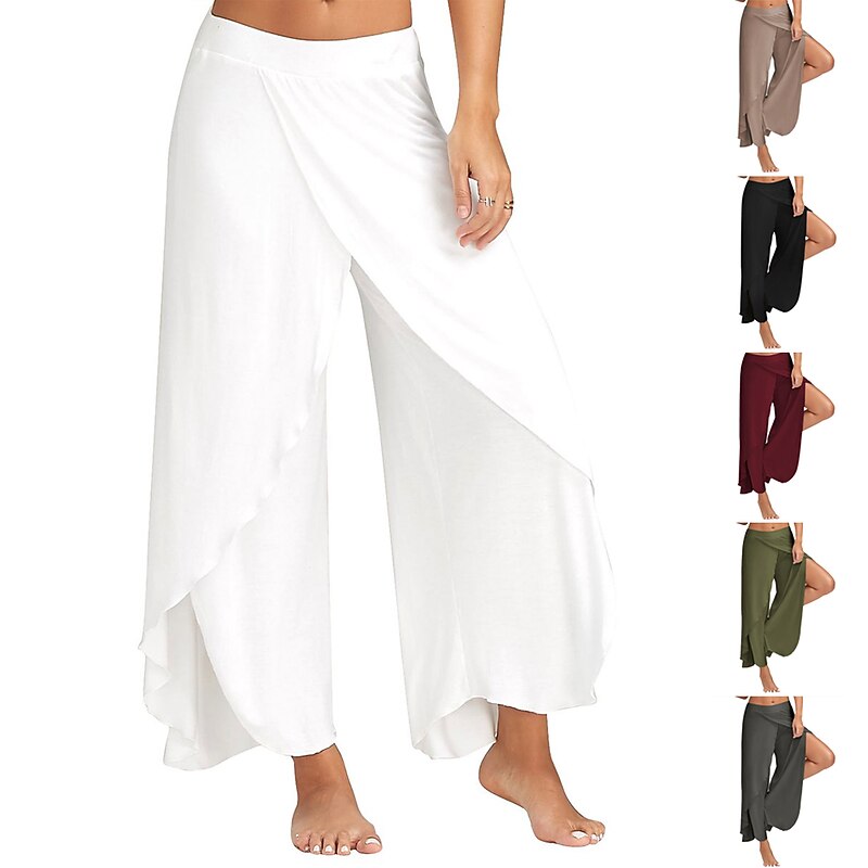 Women's Culottes Wide Leg Wide Leg Chinos Basic Casual / Sporty Mid Waist Letter Ruffle Layered Split Stretchy Yoga Casual Daily Black White Wine Army Green Summer Spring &  Fall Loose Fit
