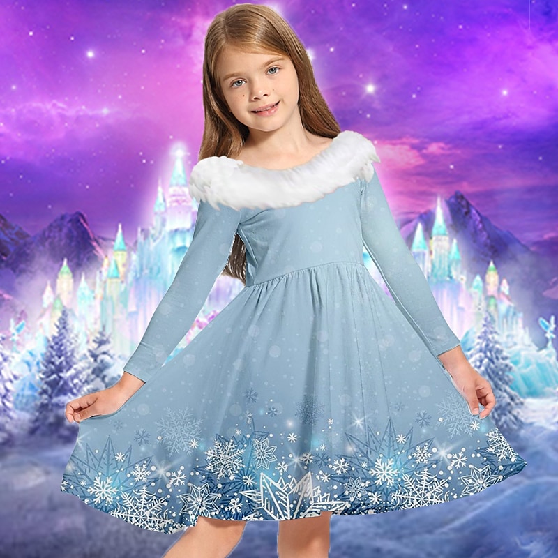 Kids Girls' Dress Snowflake Dress Snowflake Long Sleeve Casual Fur Trim Crewneck Adorable Daily Polyester Above Knee Casual Dress Swing Dress A Line Dress Fall Winter 2-13 Years Black Navy Blue Light2