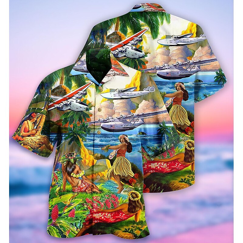 Men's Airplane Hula Girls Shirt Summer Hawaiian Shirt Aloha Shirt Short Sleeve Shirt Turndown Tropical Fashion Hawaiian Casual Hawaiian Holiday Blue S M L2