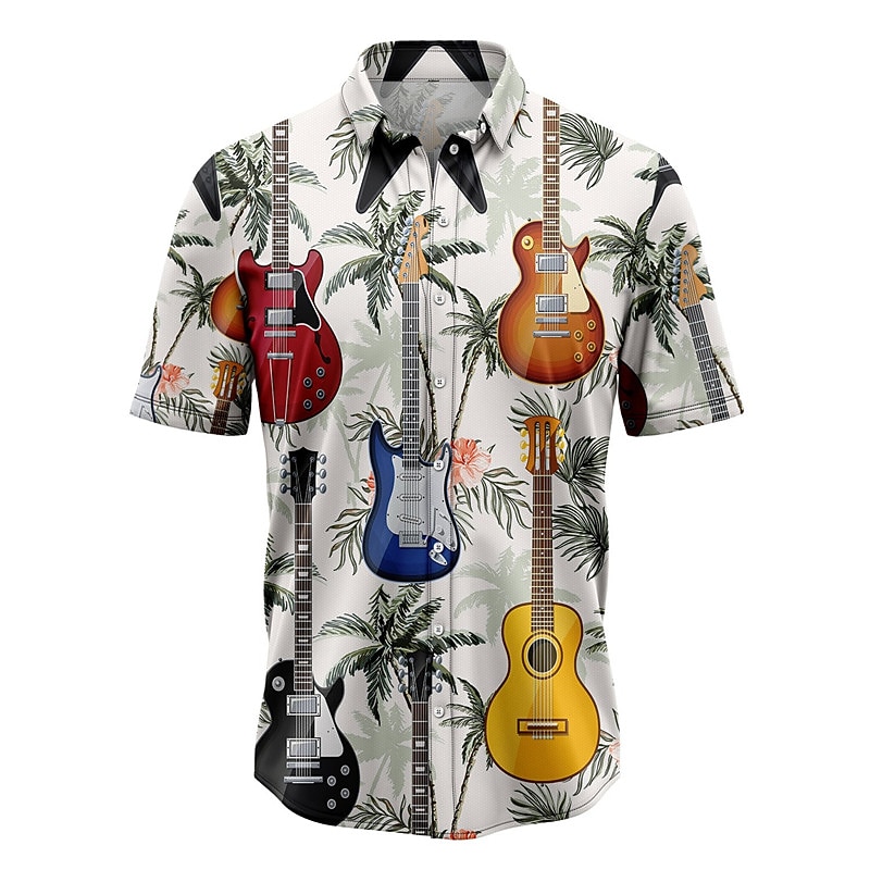 Men's Guitar Musical Notes Shirt Summer Hawaiian Shirt Button Up Shirt Short Sleeves Tropical Fashion Hawaiian Street Casual Hawaiian Summer Spring Turndown Print Button-Down Gray