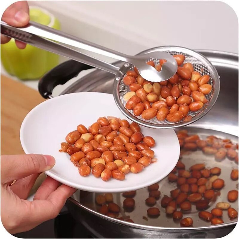 Stainless Steel Fine Mesh Strainer Tongs Oil Filter Spoon 2 in 1 Oil Skimmer Colander with Clip for Filter Oil-frying Multi-functional BBQ Filter Clamp Strainer Kitchen Tools (Oil Filter Tongs)4