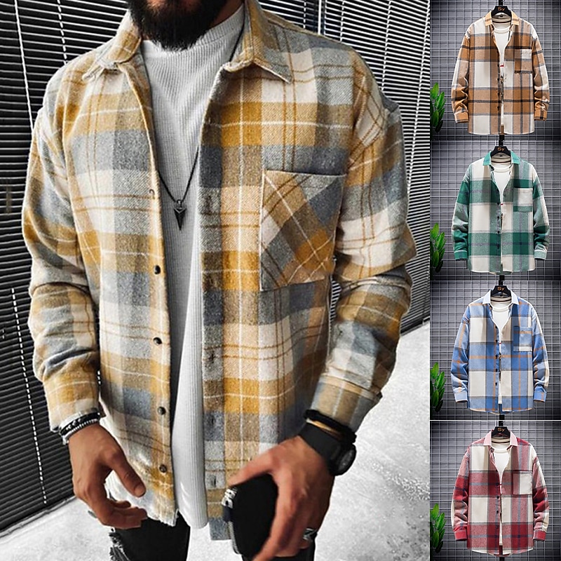 Men's Plaid Shirt Flannel Shirt Plaid Shirt Overshirt Long Sleeve Shirt Collar Outdoor Street Light Yellow Red Blue Green Print Button-Down Clothing Apparel Fashion Designer Casual Comfortable