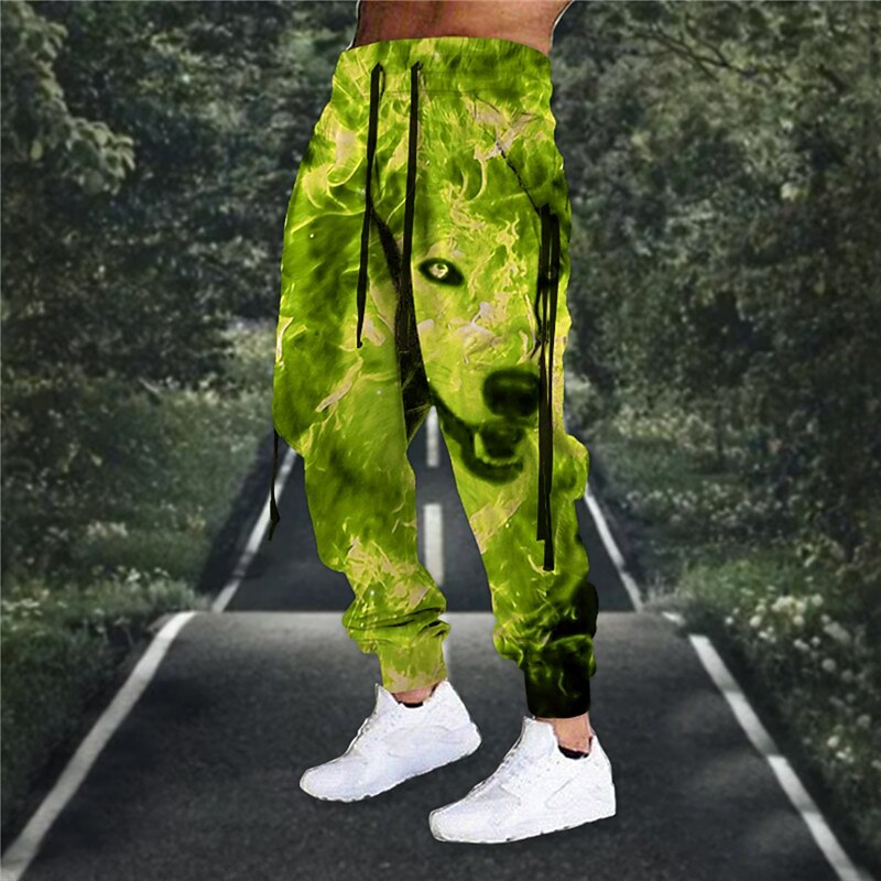 Men's Sweatpants Joggers Trousers Drawstring Elastic Waist 3D Print Animal Wolf Graphic Prints Comfort Sports Outdoor Casual Daily Cotton Blend Terry Streetwear Designer Grass Green Blue Micro-elastic