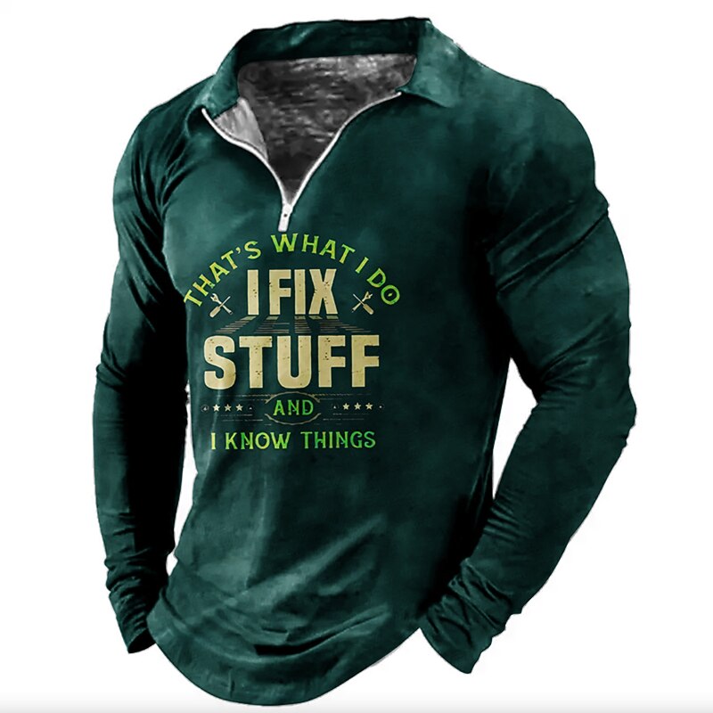 Men's Funny I Fix Stuff Zip Polo Shirts Golf Shirt Long Sleeve Polo Shirts Collared Shirts Vintage Casual Streetwear Festival Wear Party Outfits 3D Print Quarter Zip Polo Black Wine Blue3
