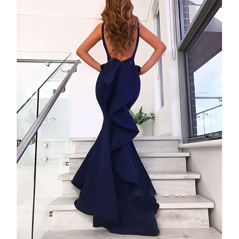 Mermaid Evening Gown Open Back Dress Formal Wedding Guest Court Train Sleeveless V Neck Stretch Fabric with Bow(s) Ruffles Masquerade Dress