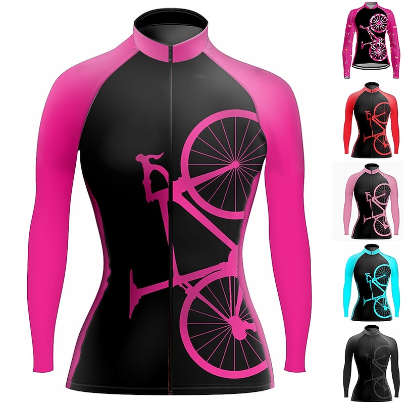 Women's Cycling Jersey Graphic Funny Long Sleeve Bike Jersey Top with 3 Rear Pockets Mountain Bike MTB Road Bike Cycling Quick Dry Reflective Strips Back Pocket Moisture Wicking Sports Rose Red