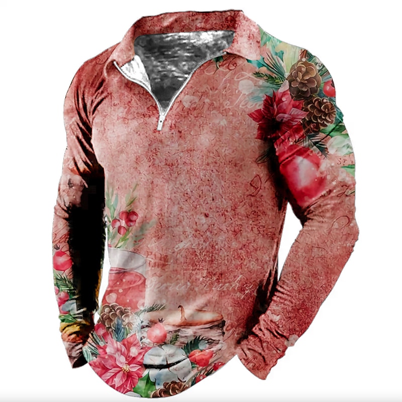Christmas Men's Christmas Scene 3D Zipper Polo Golf Floral Graphic Prints Turndown Yellow Pink Wine Green Gray 3D Print Street Casual Long Sleeve Zipper Print Clothing Apparel Fashion Designer Casual2
