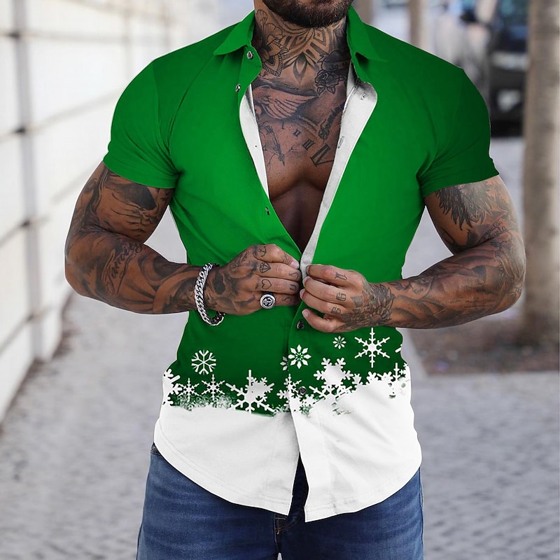 Christmas Men's Christmas Scene Printed Shirts Shirts Graphic Prints Snowflake Turndown Wine Green 3D Print Street Casual Short Sleeves Button-Down Print Clothing Apparel Fashion Designer Casual2