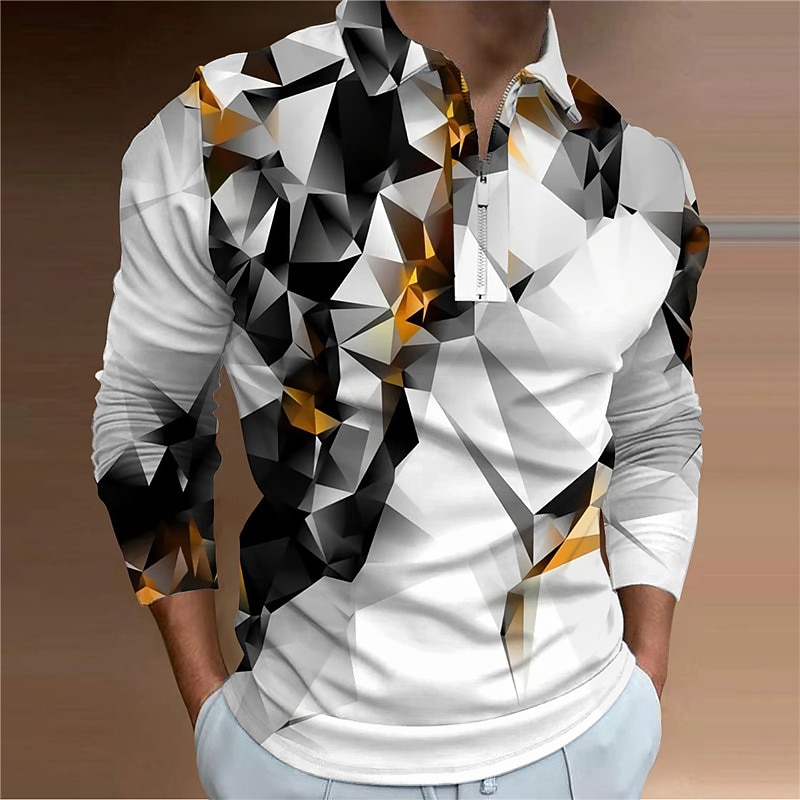 Men's Geometric Zip Polo Shirts Golf Shirt Long Sleeve Polo Shirts Collared Shirts Casual Vacation Wear Formal Wear Festival Wear 3D Print Quarter Zip Polo Yellow Blue Purple