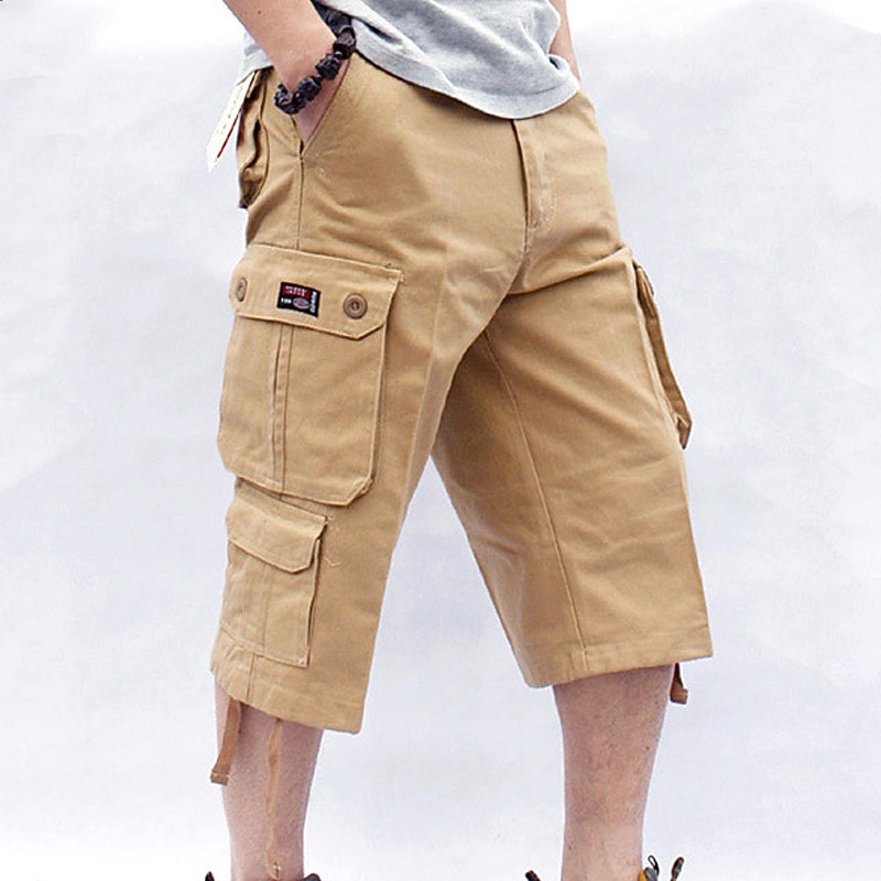 Men's Capri Cargo Shorts Leg Drawstring Multi Pocket Plain Calf-Length Streetwear Classic Style Black Army Green